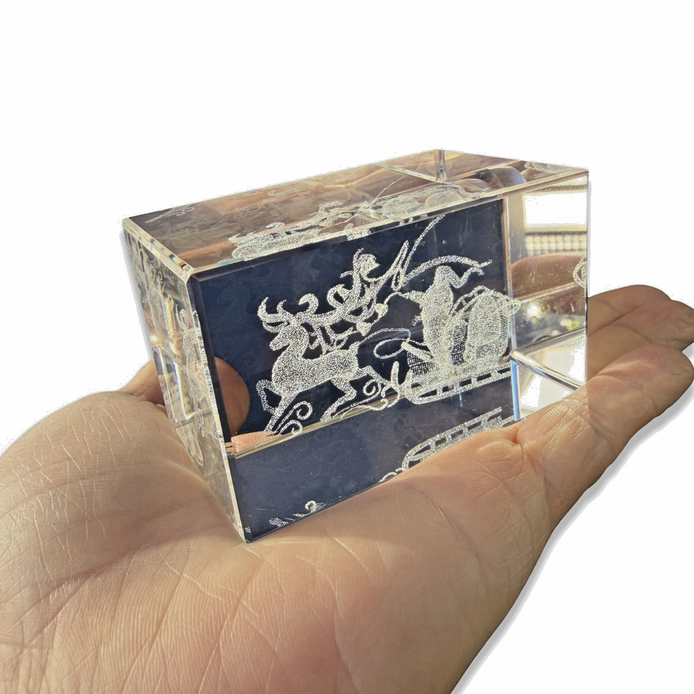 3D Laser Etched Crystal Block Santa Sleigh Reindeer Paperweight Christmas Decor
